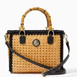Lilly Pulitzer Greydon CaneTan and Black Woven Shoulder Bag with Gold Accents